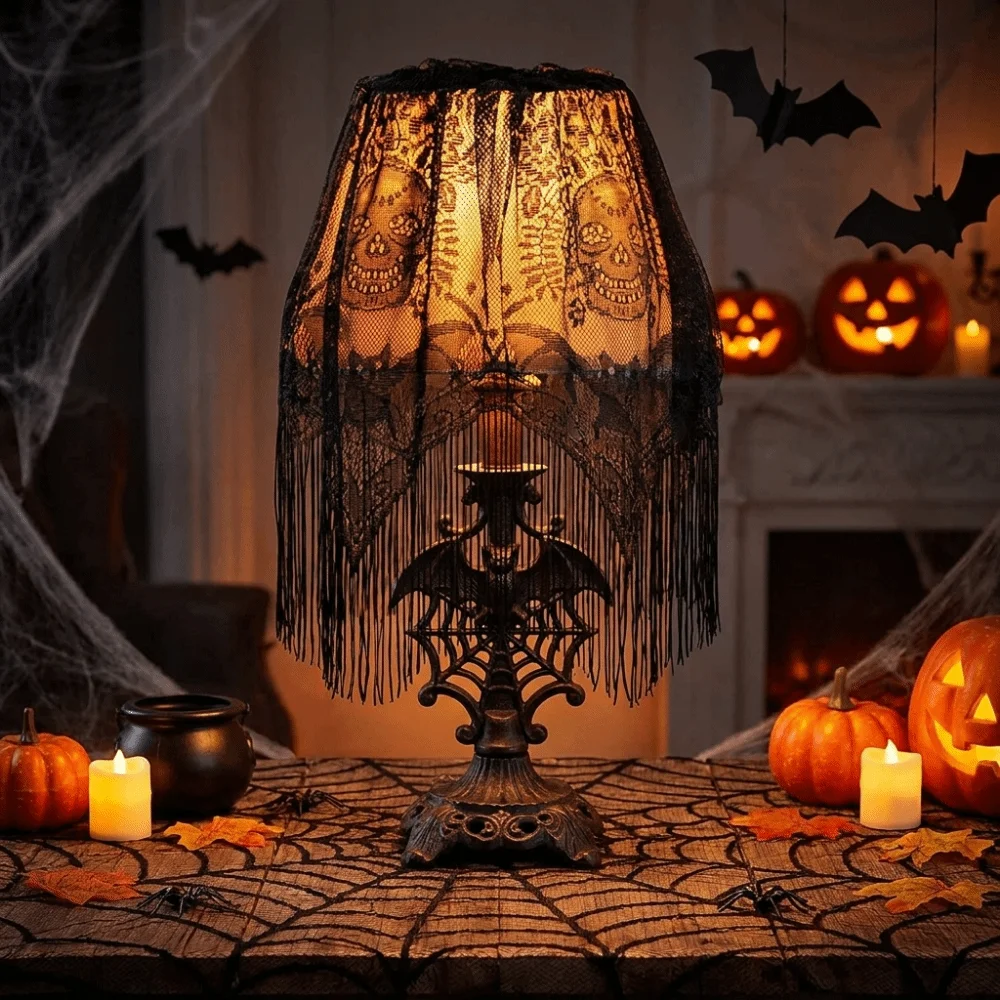 Gothic Style Lace Bat Skeleton Head Lampshade Scary Black Halloween Lampshade Decorative Halloween Table Cover