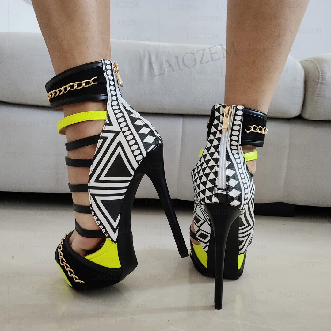 LAIGZEM Women Platform Sandals Back Zip Stiletto High Heels Pumps Multi Colors Prom Ladies Shoes Woman Big Size 41 43 44 46 52