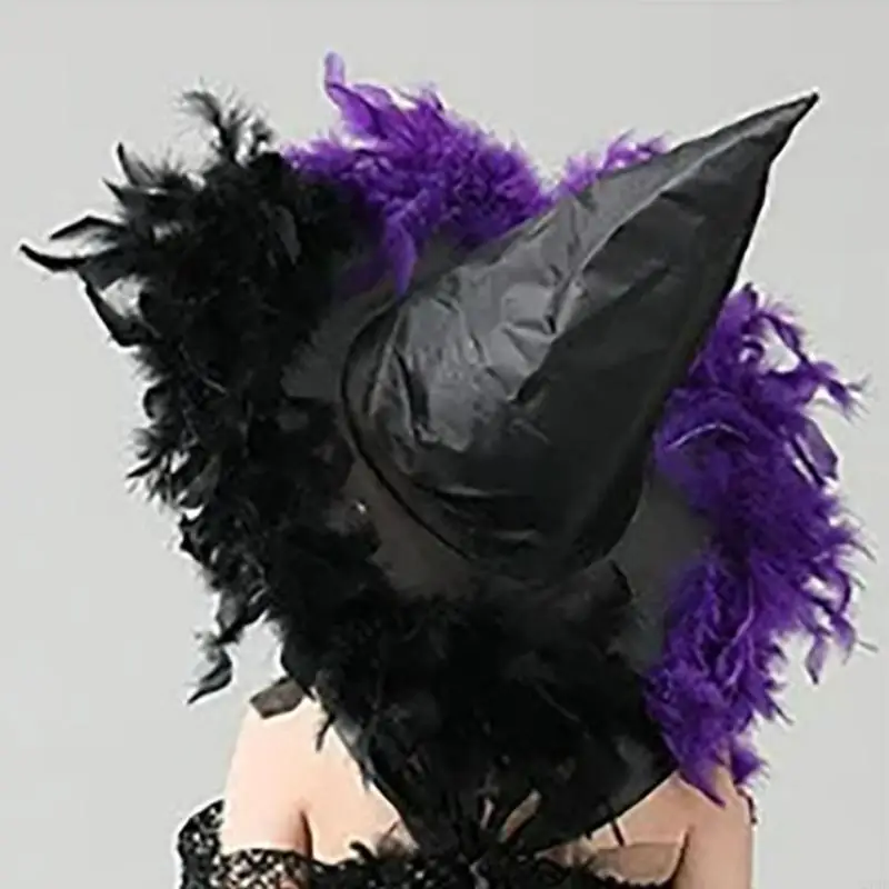 270d Halloween Witches Hat Feathers Fringes Women Costume Girl Dress Up Accessori