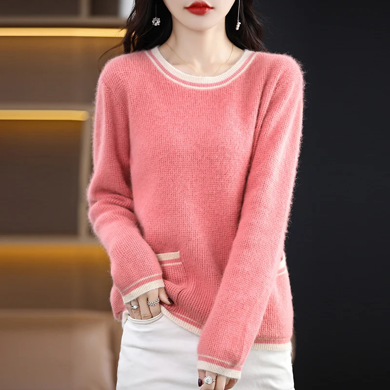 Autumn Winter New Round Neck Mink Cashmere Sweater Women's Pullover Long Sleeve Color Matching Short Wool Knit Bottoming Sweater