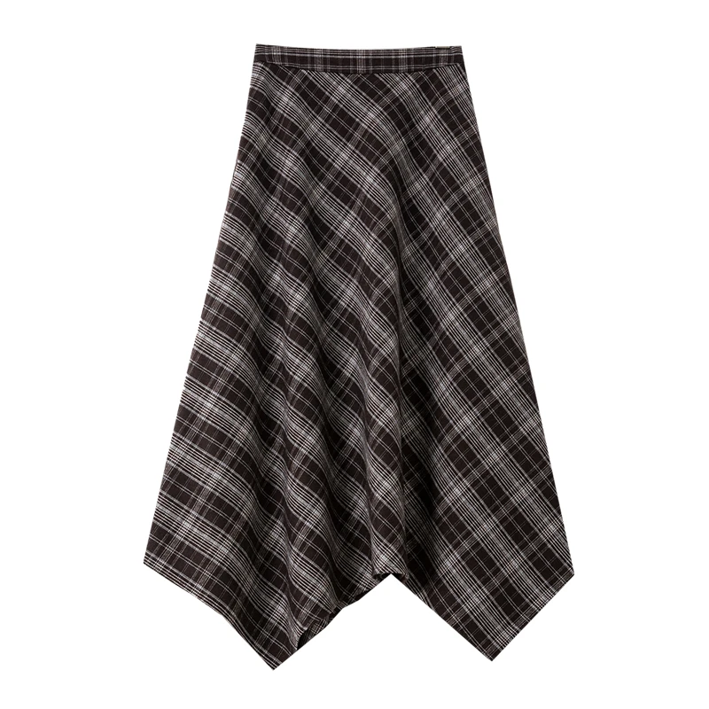 กระโปรงลายสก็อตวินเทจ VIMLY สำหรับผู้หญิง คอลเลคชั่นฤดูใบไม้ร่วง 2025 กระโปรงทรงเอ ชายกระโปรงไม่เท่ากัน ทรงยาว ทรงหลวม ใส่ได้หลากหลาย รุ่น A2976
