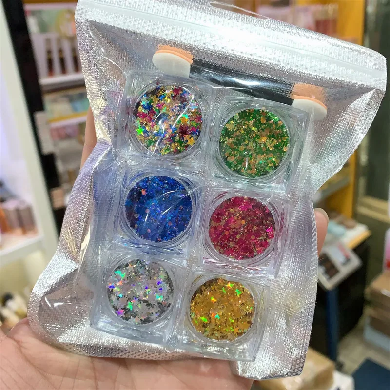 Conjunto de 6 unidades de maquiagem brilhante lantejoulas sombra cola gel brilhante sem cola