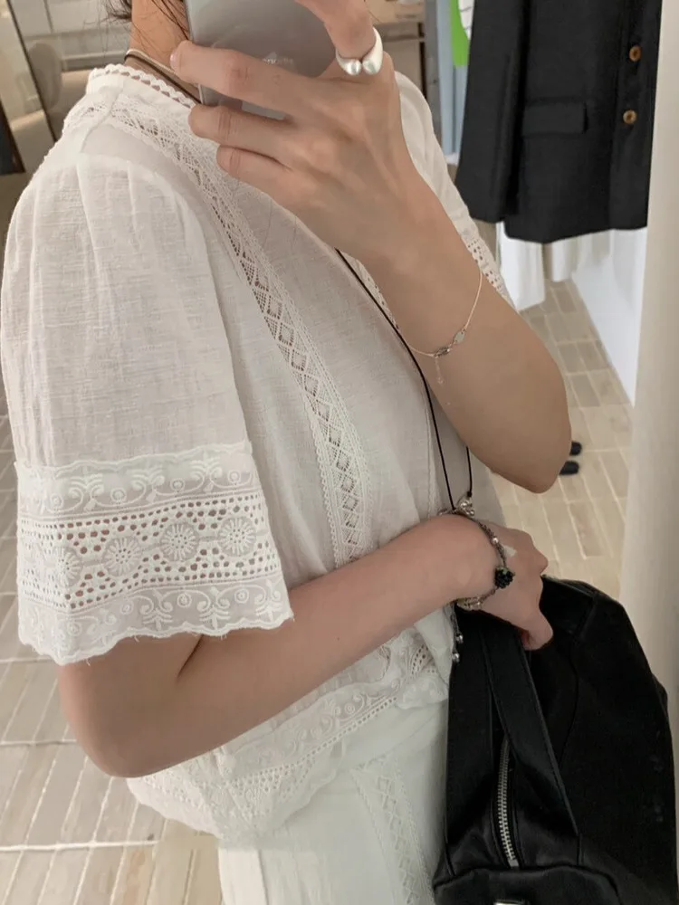 Korean Sle Faion Set Women Summer Lace Splicing Top High Waist Slimming Personali  Skirt White Two Piece Set