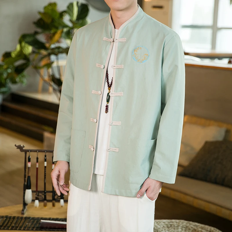 

Весенне-осеннее хлопково-льняное пальто с вышивкой Тан-джат, мужское свободное пальто большого размера, костюм Зонгана на пуговицах, топ ханьфу, молодежная мода