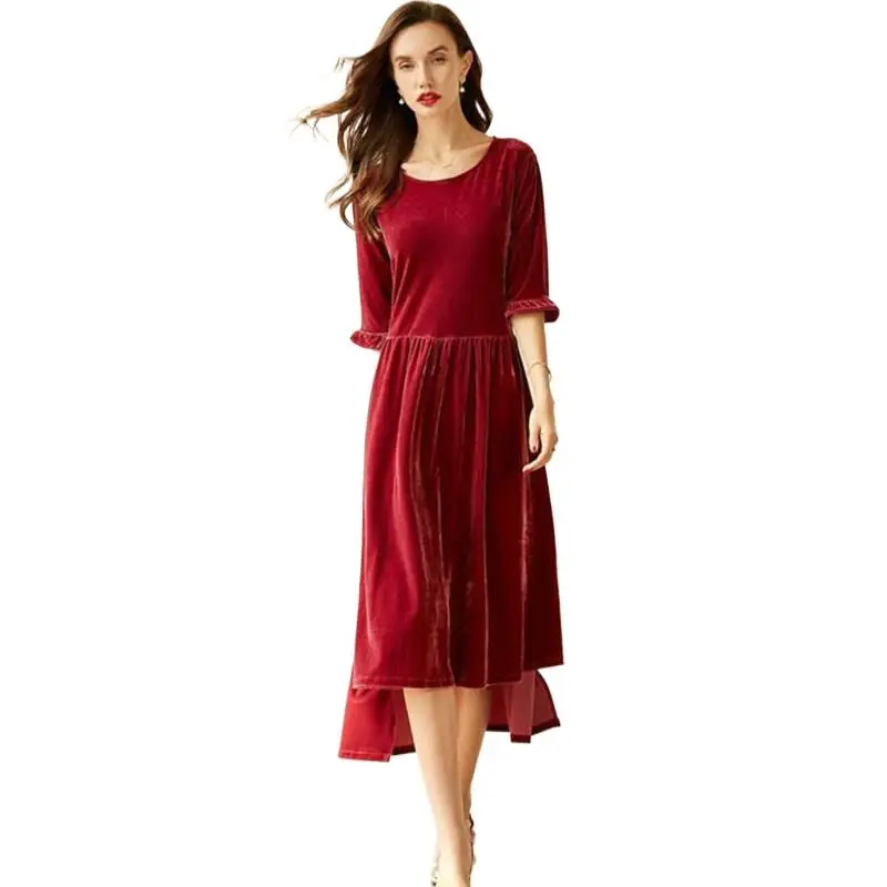 

New 2024 Autunm women half sleeve Asymmetry lace up velour dress elegant Spring velvet party dress Vestidos elegantes para mujer