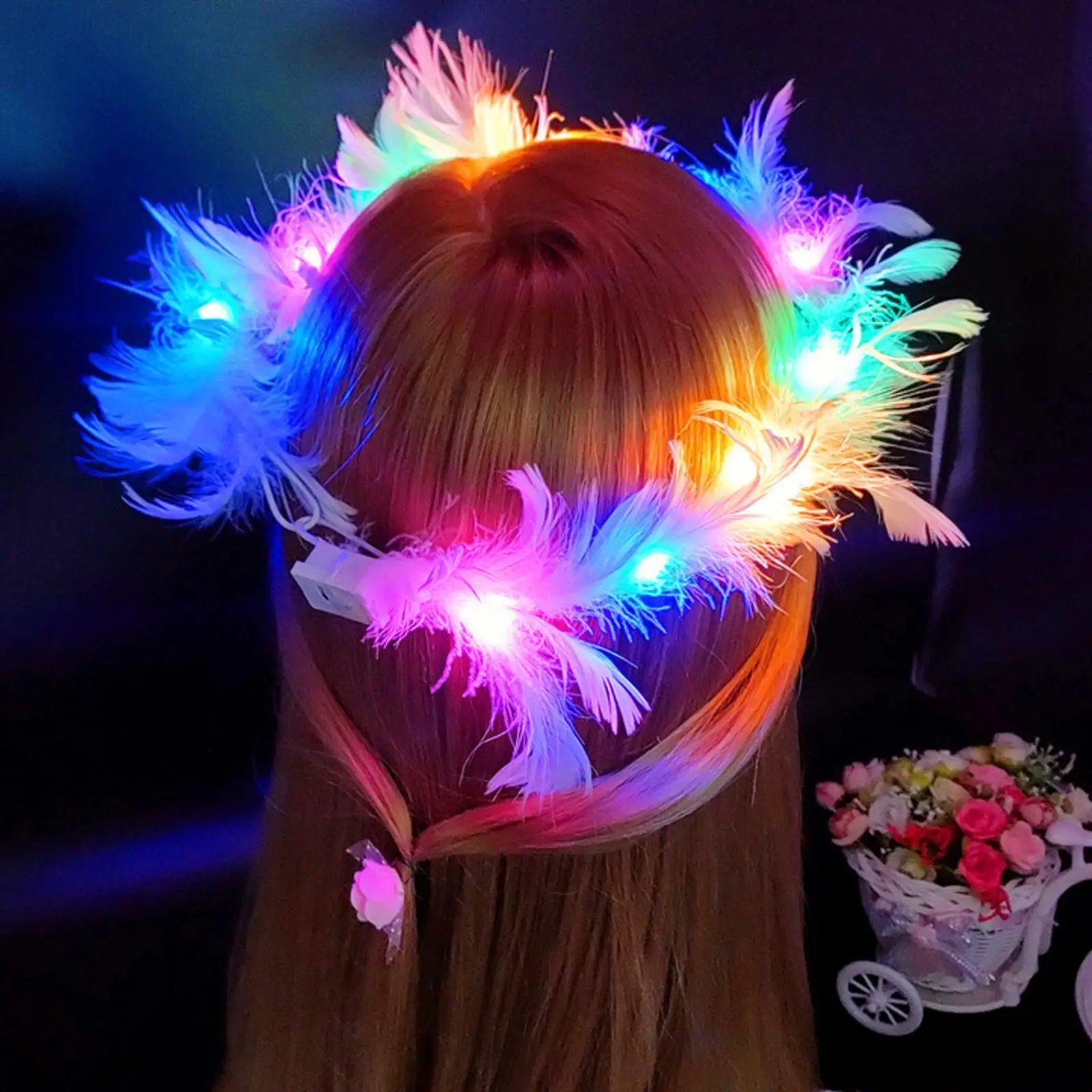 LED Feather Wreath Flower Crown Headband Women Luminous Light Up For Christmas New Year Wedding Festival Party Angel Crown