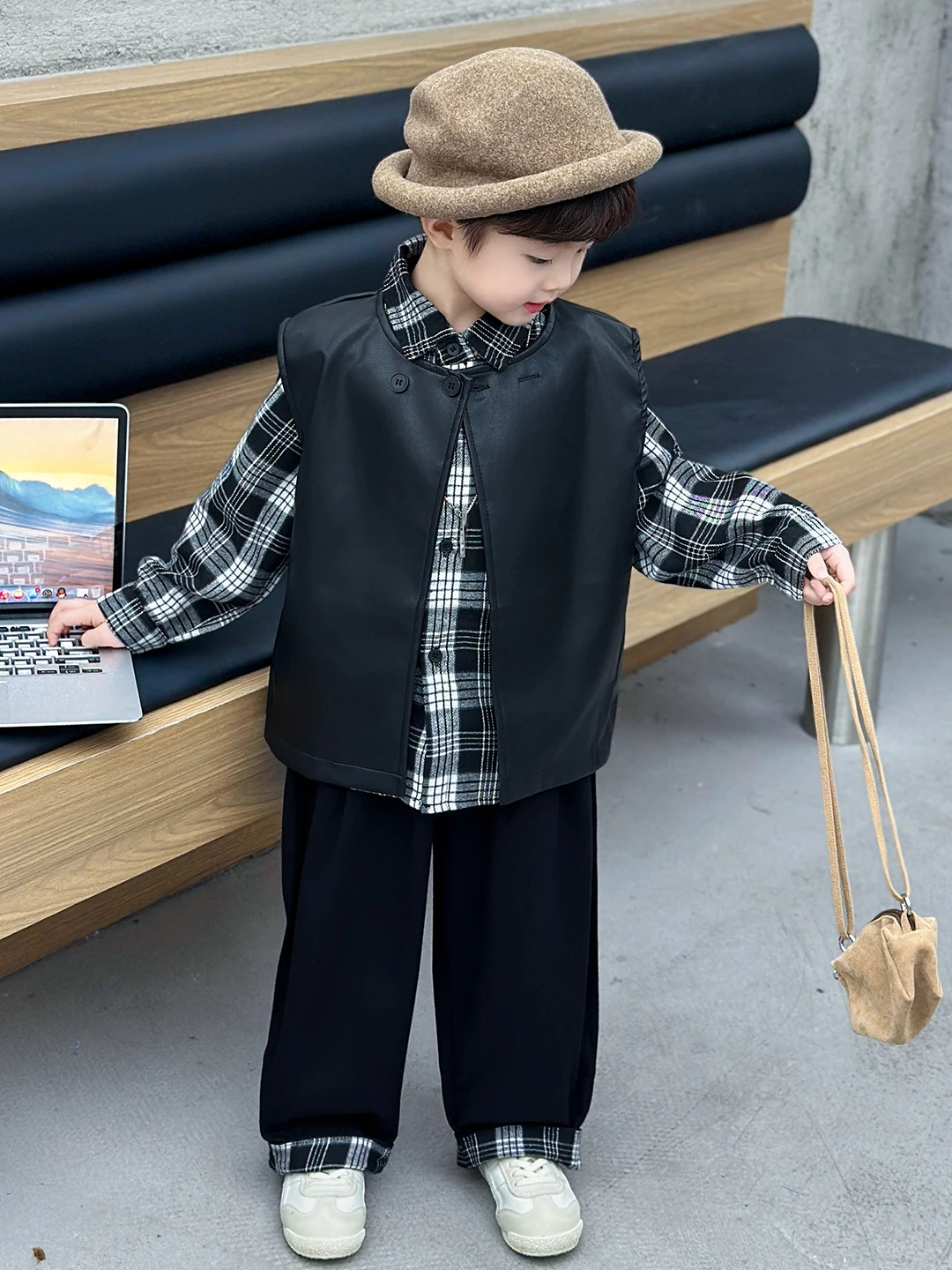 

Кожаный жилет в клетку для мальчиков, комплект футболок Cool Haome, весенне-осенний Bla Long Sve, модная молодежная повседневная спортивная одежда