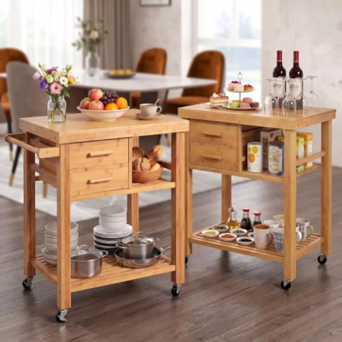 Bamboo Rolling Kitchen Island with Step Shelf Design 32.5 Inch Deep Cart Featuring Two Braked Casters Removable Drawers and Dual