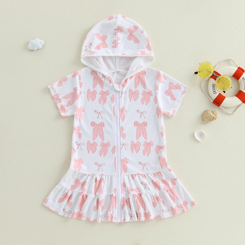 Baby Girls Swim Cover Up Dress Short Sleeve Zip Up Hooded Bathing Suit Coverup Wraps Rufled Kids Pool Beach Robe Cover-Ups