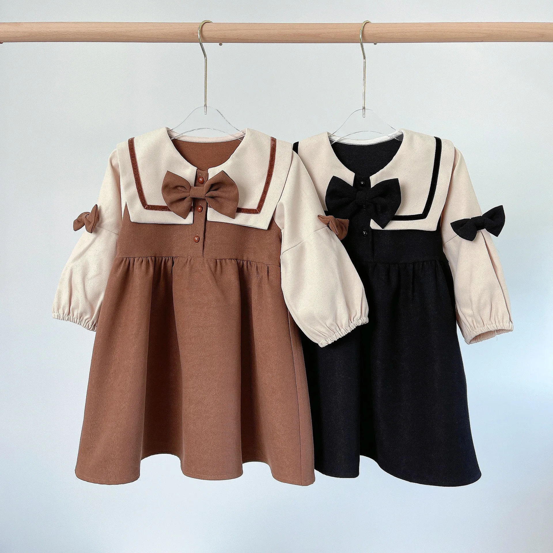 Korean Style Spring Autumn Girl Dresses Bowknot Decorated Color Mix Princess Dress Round Neck Kids Outwears Streetwears