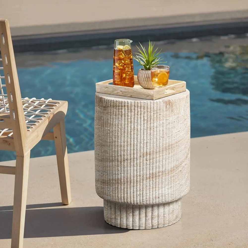 

Outdoor Accent Side Table, 18'' Travertine-Style Outdoor Furniture, Round with Ribbed Cement End Table, Customized