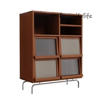 Nordic medieval style solid wood magazine cabinet living room rattan storage cabinet