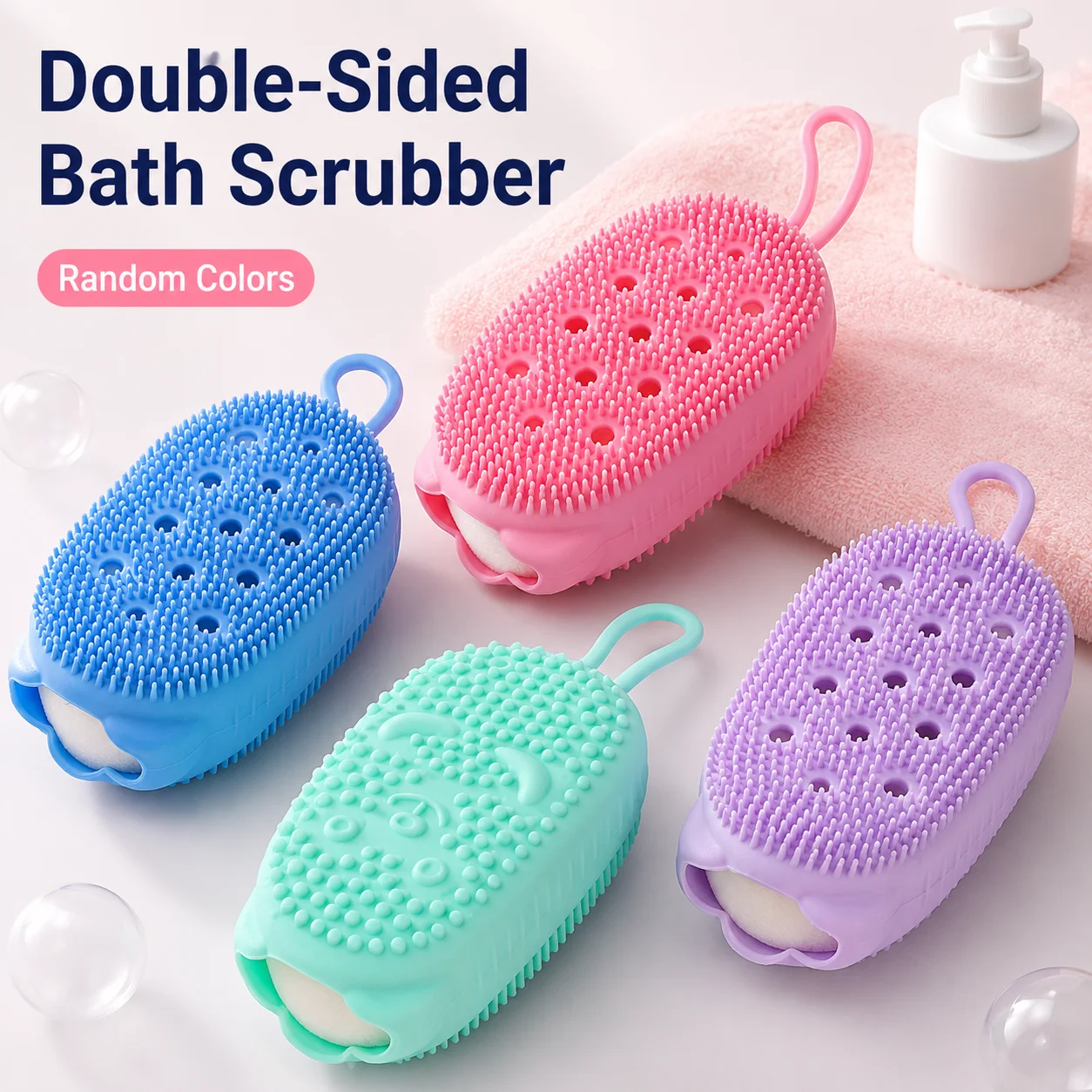 Double-Sided Silicone Bath Body Scrubber, Random Color Shower Exfoliating Brush with Soft Bristles and Built-In Sponge, Handheld Loofah Scrub Pad for Foam Massage, Body Wash, Skin Cleansing, Daily Travel Bathroom Shower Use