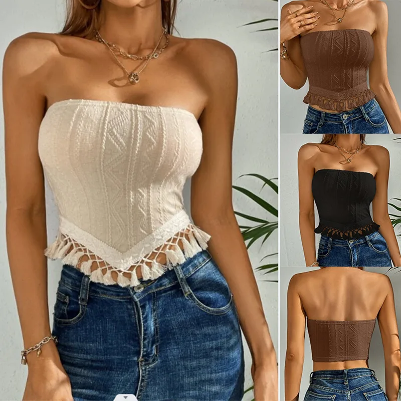 

2025 Summer New Sexy and Fashionable Solid Color Tassel Trimmed Headscarf with Short Strapless Hem for Women