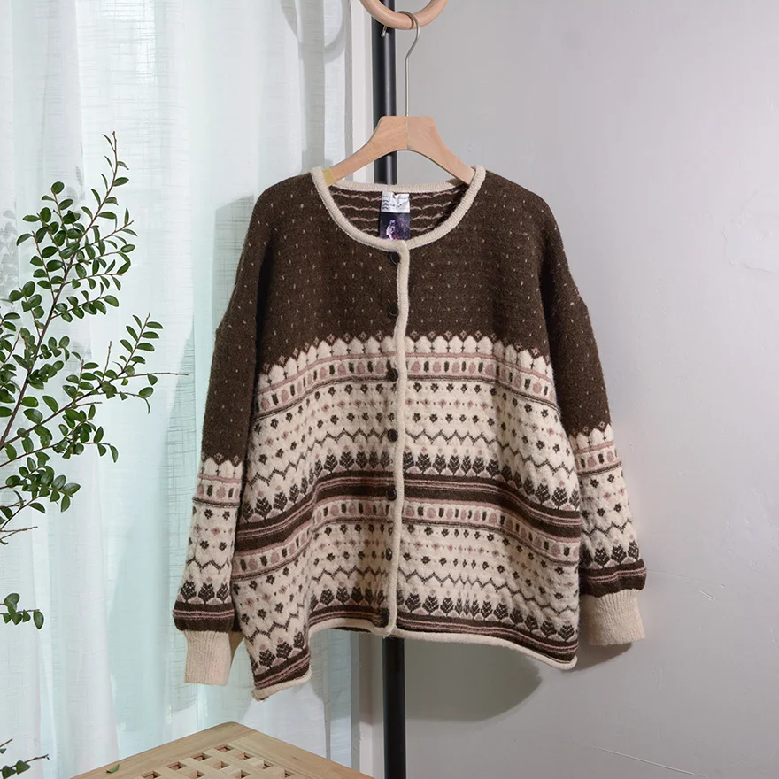 Retro-Kunststrickjacke mit runden Laternenmotiven, gestrickter Cardigan mit Thiened-Stickerei, offene Vorderseite, locker geschnitten, große Größe, modisch