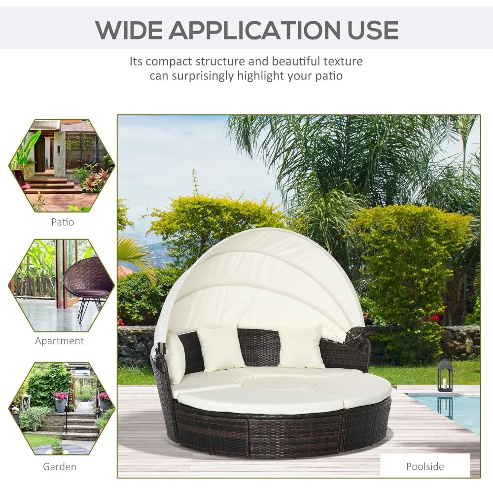 

4-Piece Round Convertible Daybed with Cushions, Outdoor PE Rattan Patio Wicker Sofa Set, Sunbed with Adjustable Sun, Customized