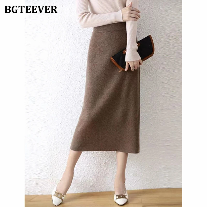 

BGTEEVER Fashion High Waist Ladies Knitted Midi Skirts Autumn Winter Thicken Warm Slim Women Solid Package Hip Sweaters Skirts