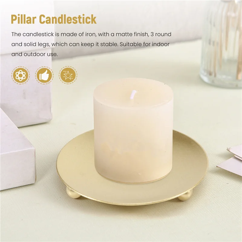 

-A65I 4 Pack Iron Plate Candle Holder, Pillar Candlestick Holders,For LED & Wax Candles,Incense Cones,Spa,Weddings(Gold+Black)