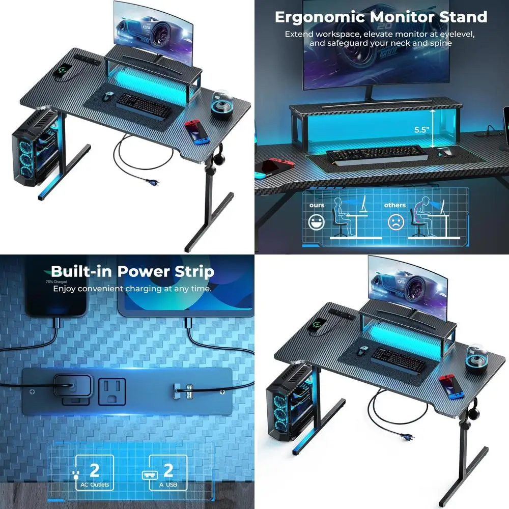 

Carbon Fiber Gaming Desk with LED Lighting and Power Outlets, 55 Black PC Desk with Monitor Stand