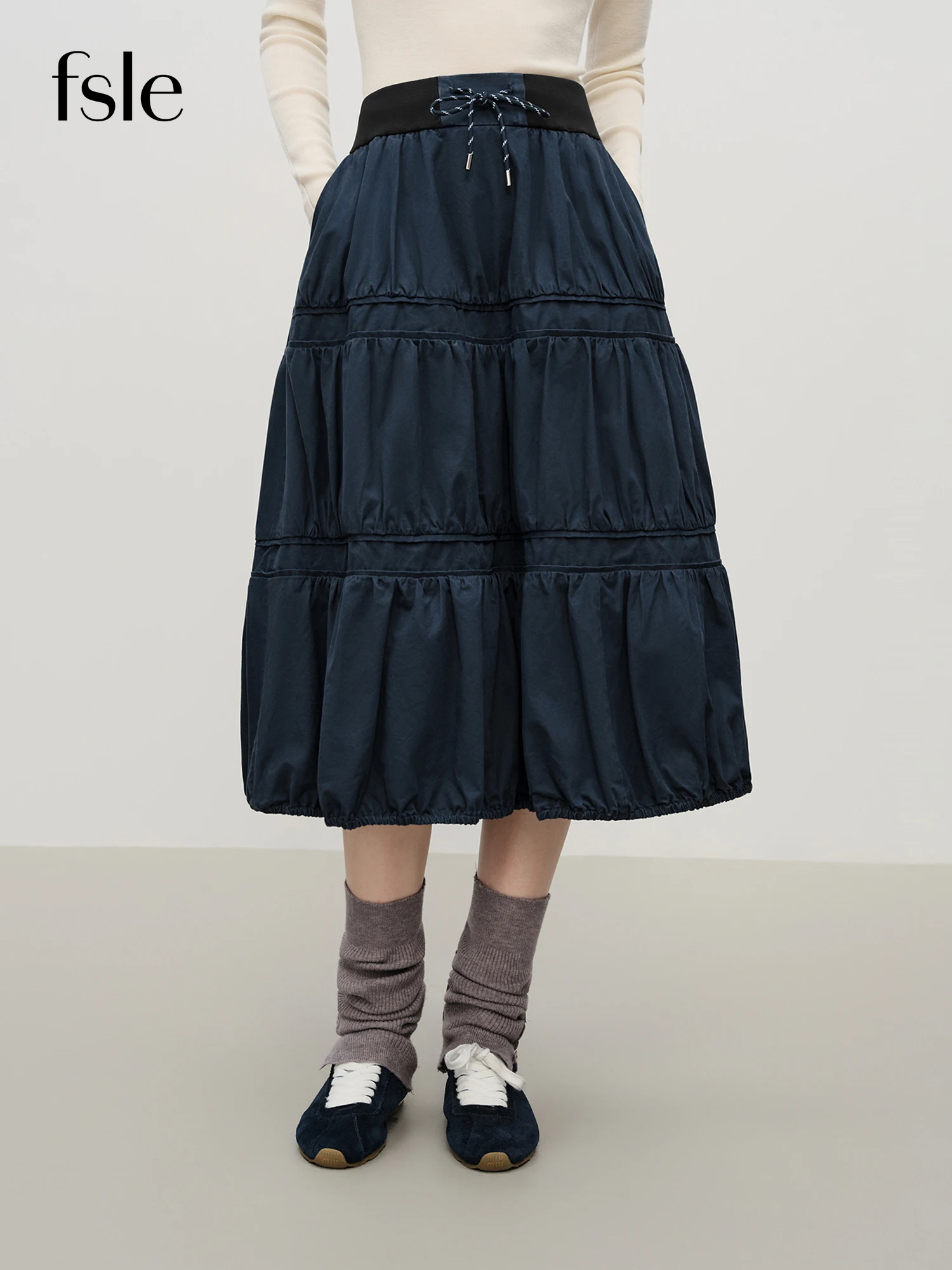 

FSLE Washed Blue Patchwork Pleated Half Skirt Women's Winter 2025 New Arrival Drawstring Oversized Skirt 100% Cotton Skirts