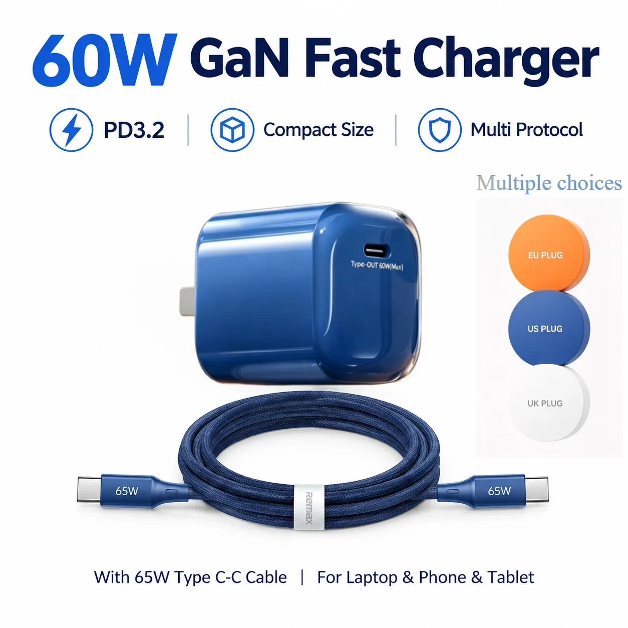 REMAX 60W USB C Charger Support QC4+ AFC FCP SCP AVS Multi Protocol PD3.2 GaN Fast Charging Adapter with C-C Cable