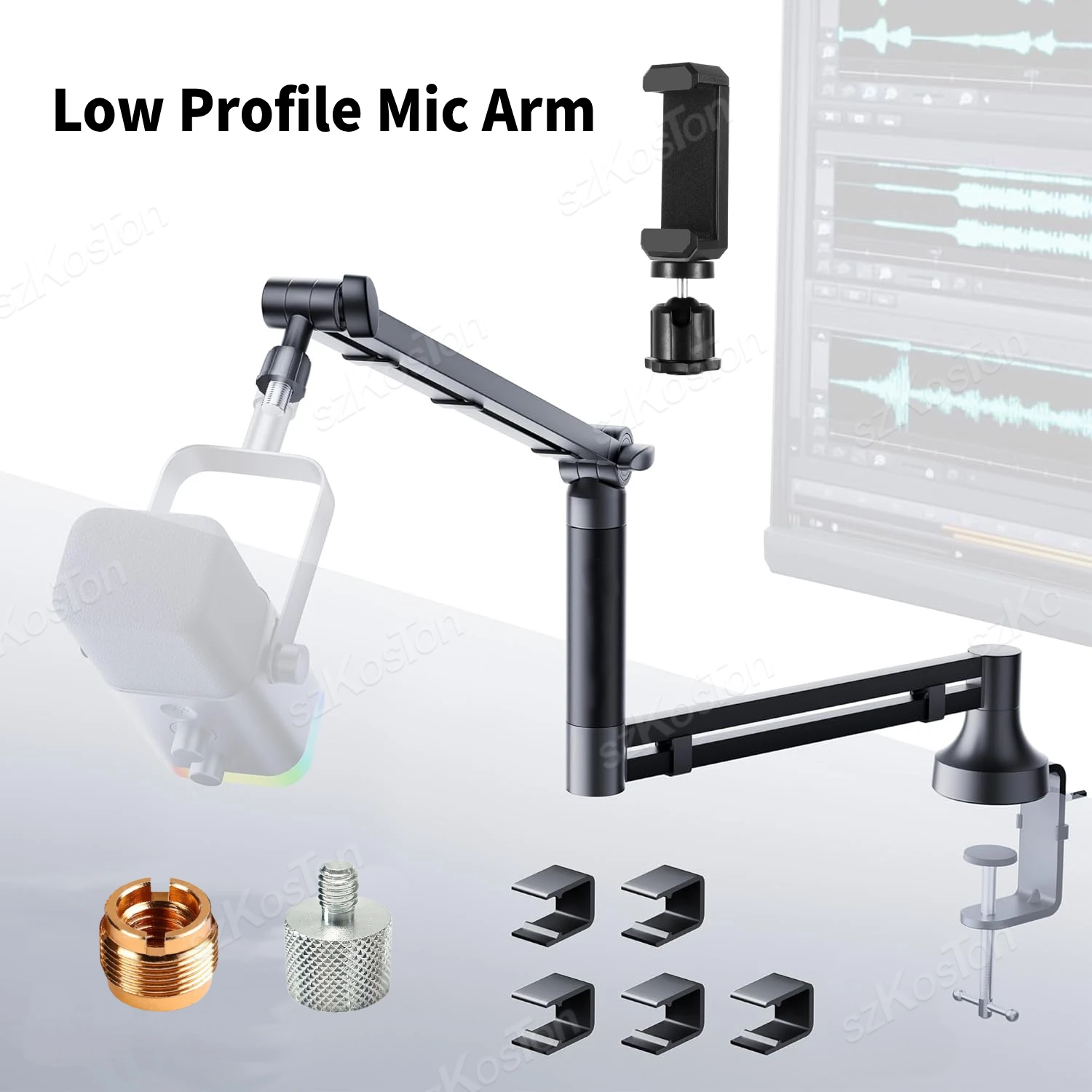Low Profile Microphone Arm Adjustable Metal Microphone Stand with Threaded Adapter for K688 AM8 A6V K669 Mic Studio Podcast Game