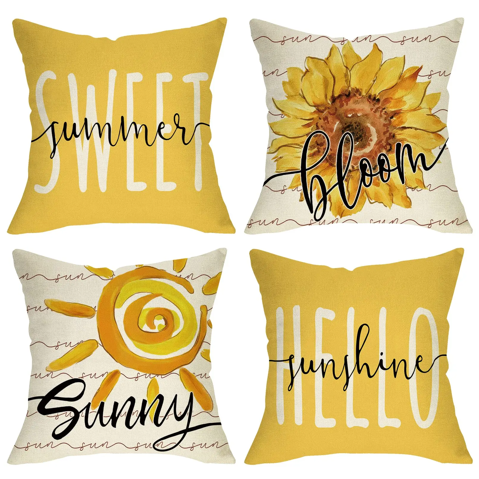 

Sunflower Bloom Decorative Throw Pillow Cover Set of 4, Sweet Summer, Hello Sunshine, Yellow Flower Porch, Farmhouse, Home Decor