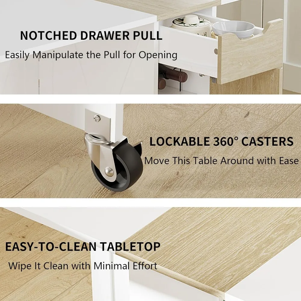 طاولة طعام قابلة للطي موفرة للمساحة مع 6 عجلات وتخزين ذات طابقين لاستخدام المطبخ