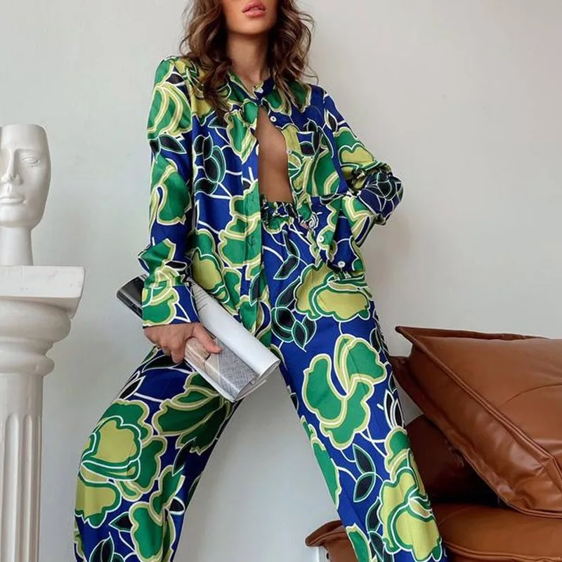 Vintage New Pattern Blouses + Long Pants Suits Elegant Fashion Print Women Outfits 2023 Summer High Street Shirt Two Piece Sets