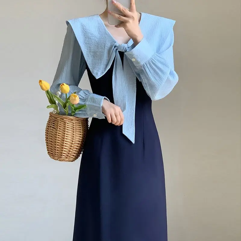 

Long Dress Sailor Neck Bow Color Matching 2023 Spring Autumn New Women French Retro Elegant Dress Korean Style Elegant Dress