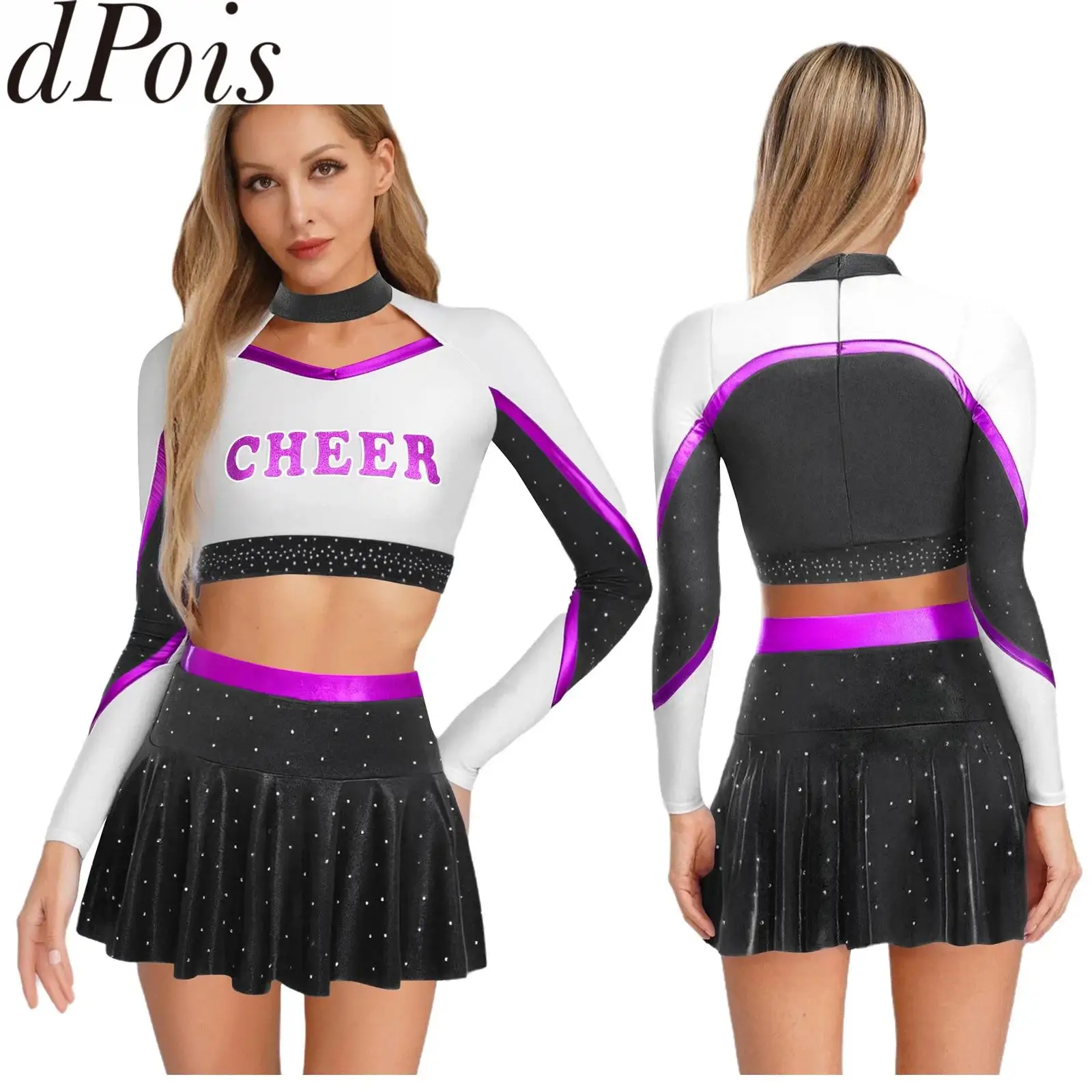 

Women Cheerleading Captain Costume Halloween Carnival Cosplay Schoolgirl Cheerleader Costume Long Sleeve Crop Top A-line Miniski
