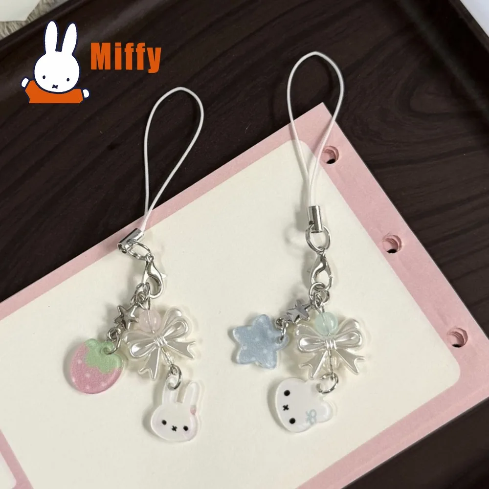 Kawaii Miffy Phone Strap Cute Rabbit Acrylic Charm Keychain Pastel Bow Star Strawberry Heart Delicate Accessory Bag Purse Gift