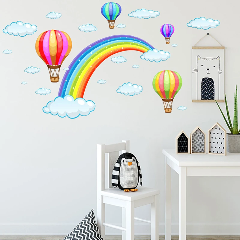 Removable, waterproof Cartoon Rainbow Cloud Hot Air Balloon Wall Sticker baby rooms Mural Art Decals