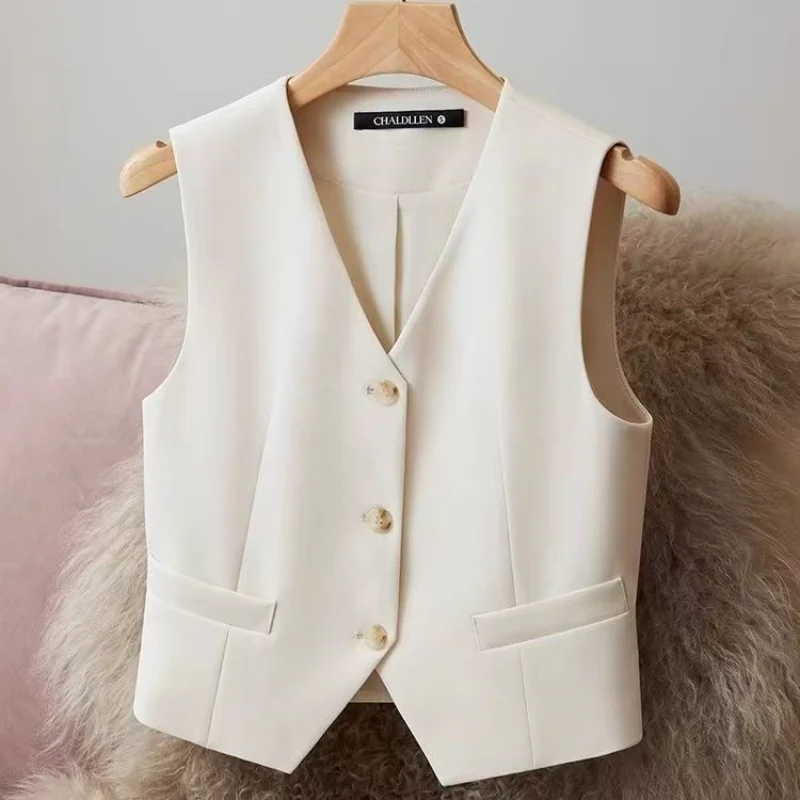 

Blazers Vests Women Simple Single Breasted V-neck Sleeveless Coats Daily Outwear Aesthetic Korean Slim All-match Office Lady New