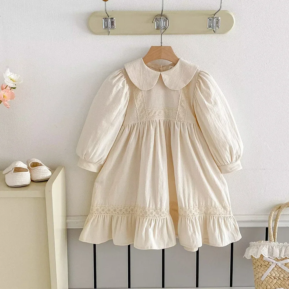 

Бежевое платье с кукольным воротником для маленьких девочек, цельное платье, свободные кружевные платья с воланами, осенние элегантные повседневные платья с длинными рукавами