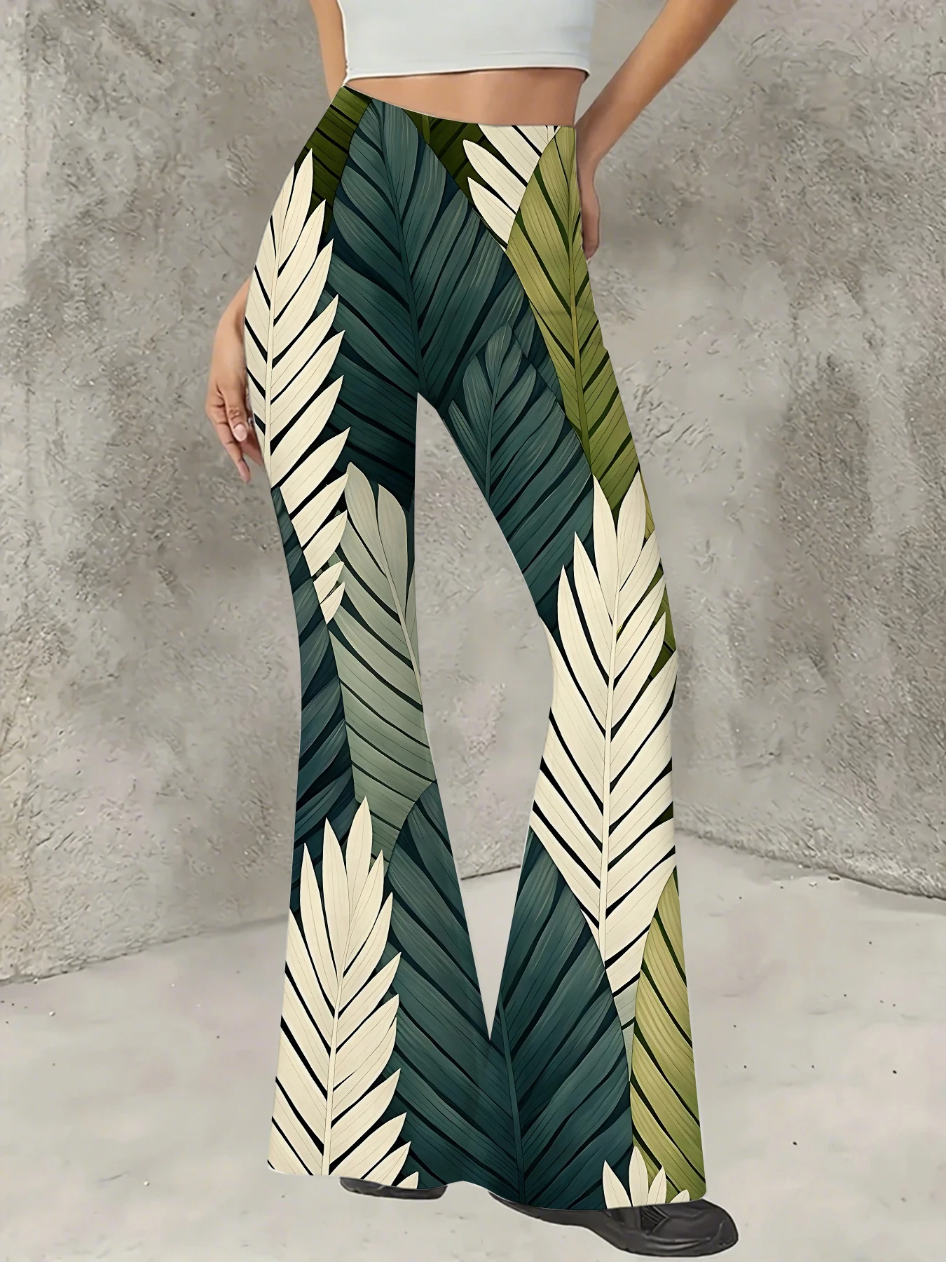 

Retro Printed Flare Pants Women High Waist Polyester Knit Bell Bottom Trousers