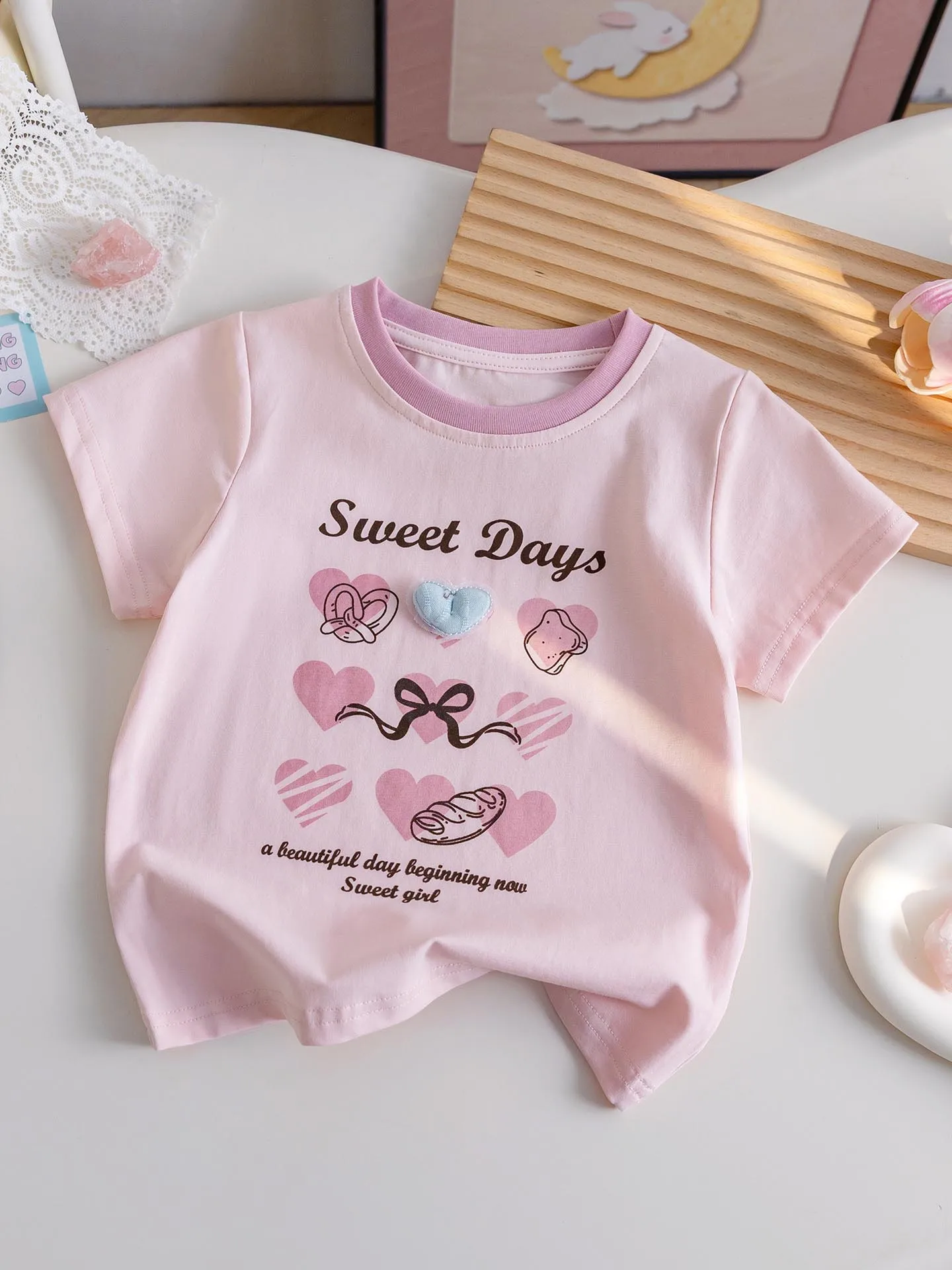 Summer Children's Cotton T-shirt Cartoon Heart Printed Top Color Contrasting Round Neck Sweat Absorbing Tees 2026 New