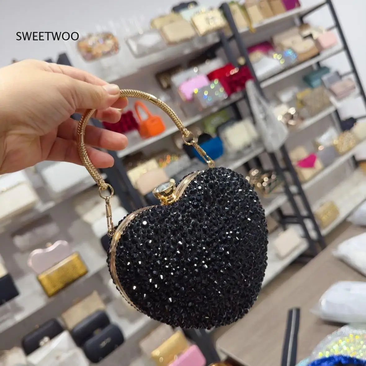 2026 New Womens Rhinestone Heart Shape Evening Bag Mini Top Handle Clutch Handbag for Party view 4