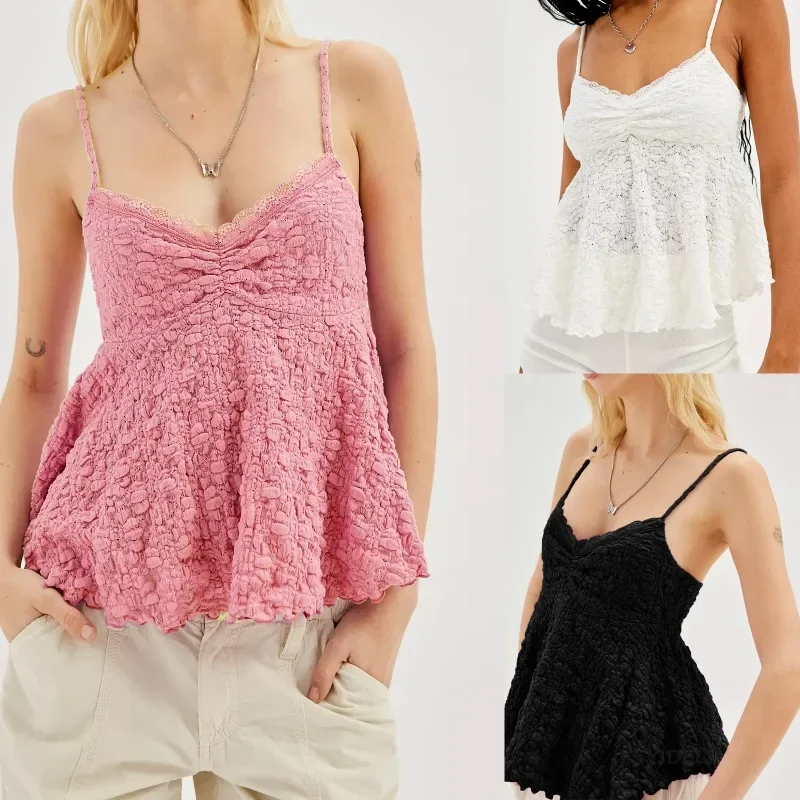 2024 New Summer Solid V-neck Hollow Lace Strap Sexy Open Back Wooden Ear Edge Club Nightclub Y2k Crop Top Women Clothes YDL40