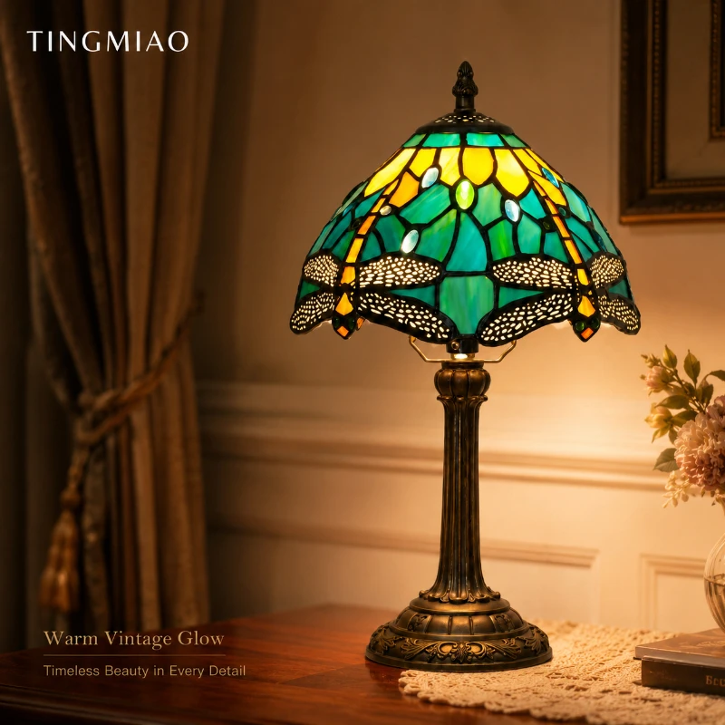 

French Table Lamp 8 Inches Stained Glass Bedside Lamp Red Rose Desk Reading Light Bedroom Living Room Home Office