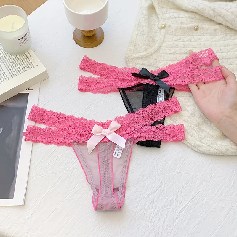 Sexy Lace Thongs for Women Low Waist G-String Panties Breathable Mesh Bow T-Back Femme Intimates Lingerie image 6