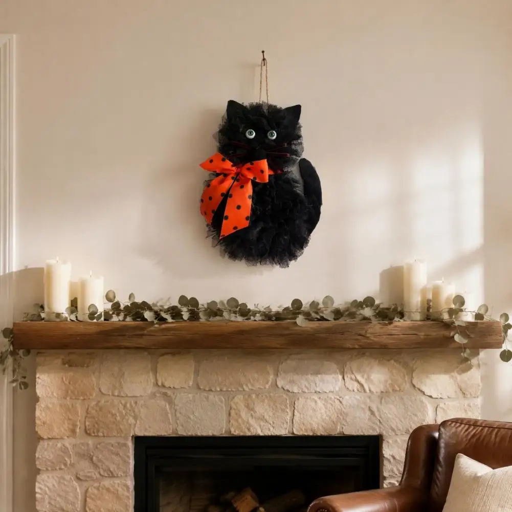 Halloween Cat Wreath, Cute Black Cat Shape Door Hanging Ornament, Glitter Tinsel Wreath with Bow for Mantel, Wall, Window, Porch