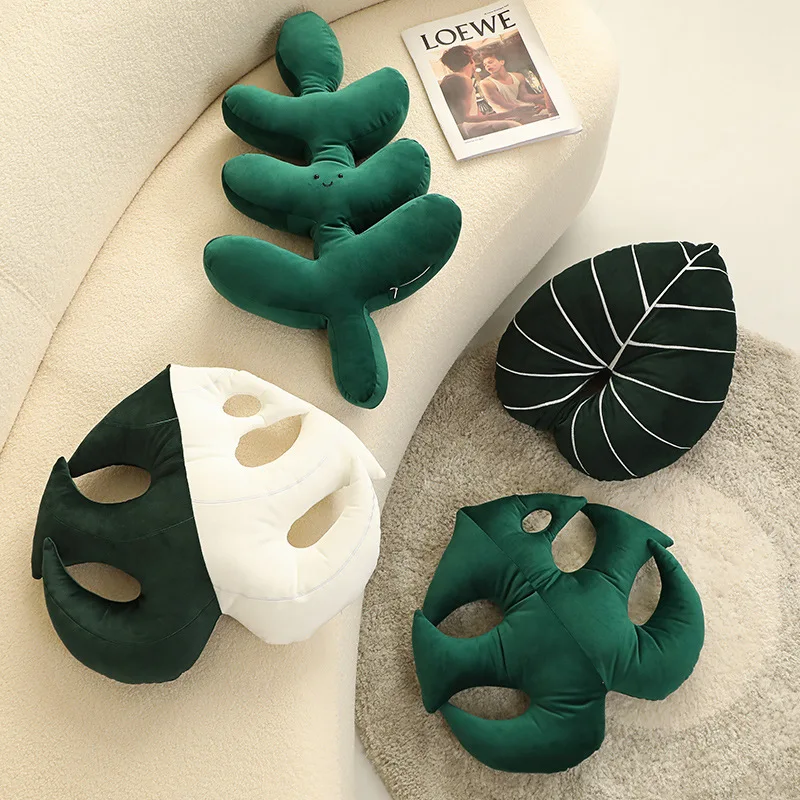 Almohada de felpa con forma de hoja verde para decoración del hogar, cojín de asiento con relleno de plantas, Monstera, Philodendron, sofá y silla