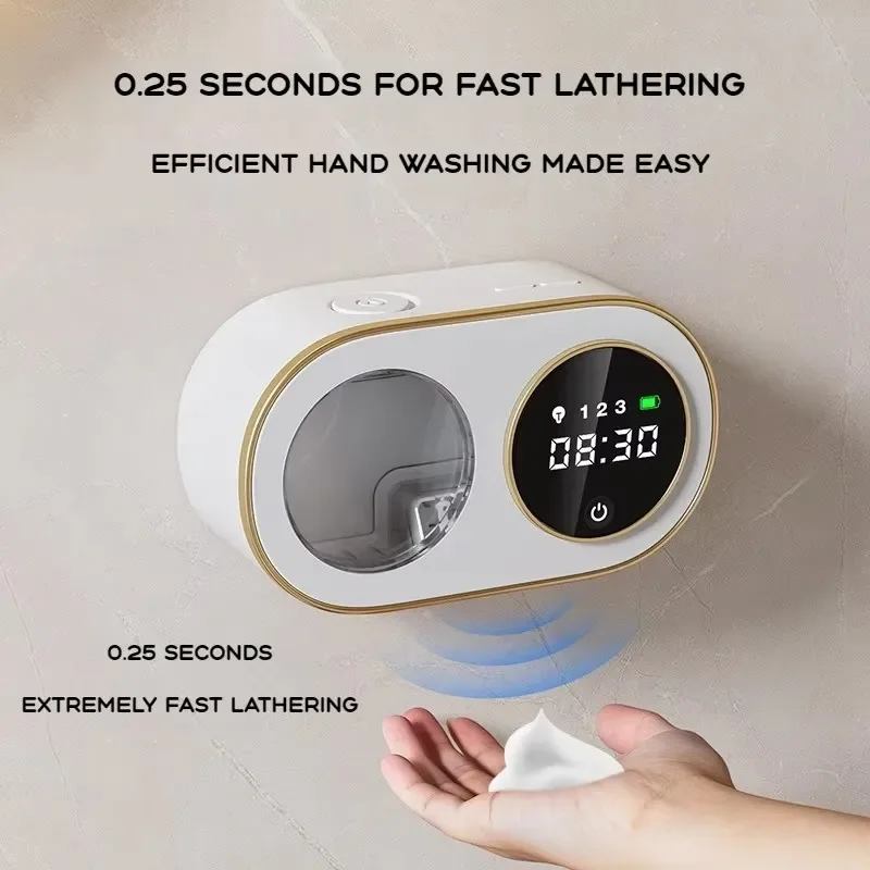 Zai Xiao 320ml Wall-Mounted Automatic Foaming Soap Dispenser with HD LED Digital Clock,USB Rechargeable, Ideal Hand Washing for