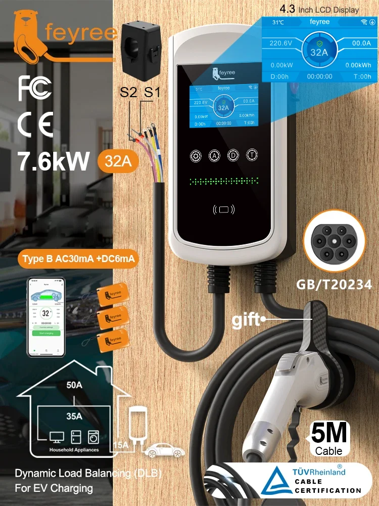 Feyree GB/T EV-lader 7,6 kW 32A Dynamische Lastverdeling Wandlader 4,3 inch LCD Wifi APP Laadlogboek 11 kW 22 kW 3-fasig Laadstation - afbeelding 2
