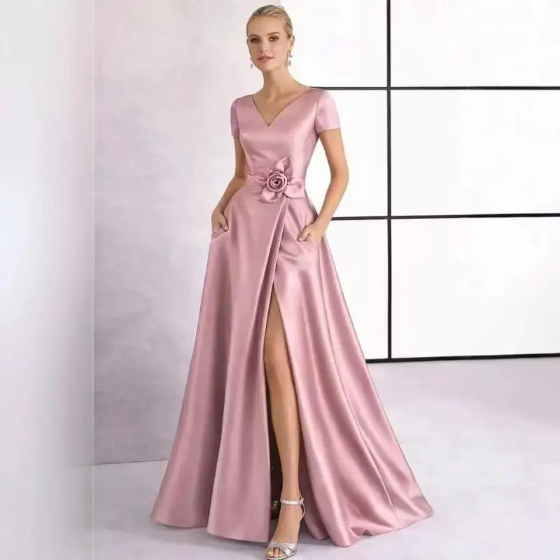 V-neck Short Sleeved Satin Slit Simple Wedding Dress Cocktail Party Evening Gown Temperament Slim Fit Long Gown Customized