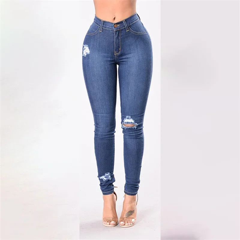 Women Fashion Trend Multiple Holes Denim Pants Female Casual Commuter Pencil Jeans Skinny Stretch Mid Waist Trousers Streetwear