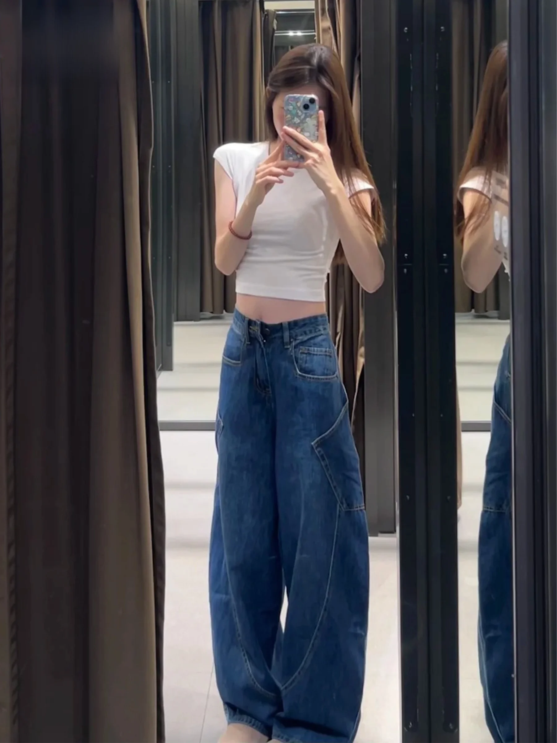 

Blue American Style Wide Leg Jeans Women's Loose Slimming Knife Pants Casual Spring Summer New Fashion Jeans High Waist Pocket