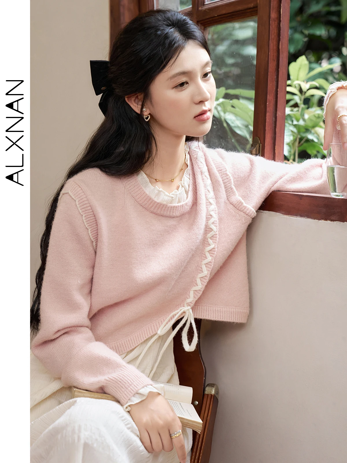 ALXNAN Women's Sweet Patchwork Pullovers Agaric Round Collar and Cuff Lace-up 2024 Fall Winter Loose Cropped Sweater DYL661289SY