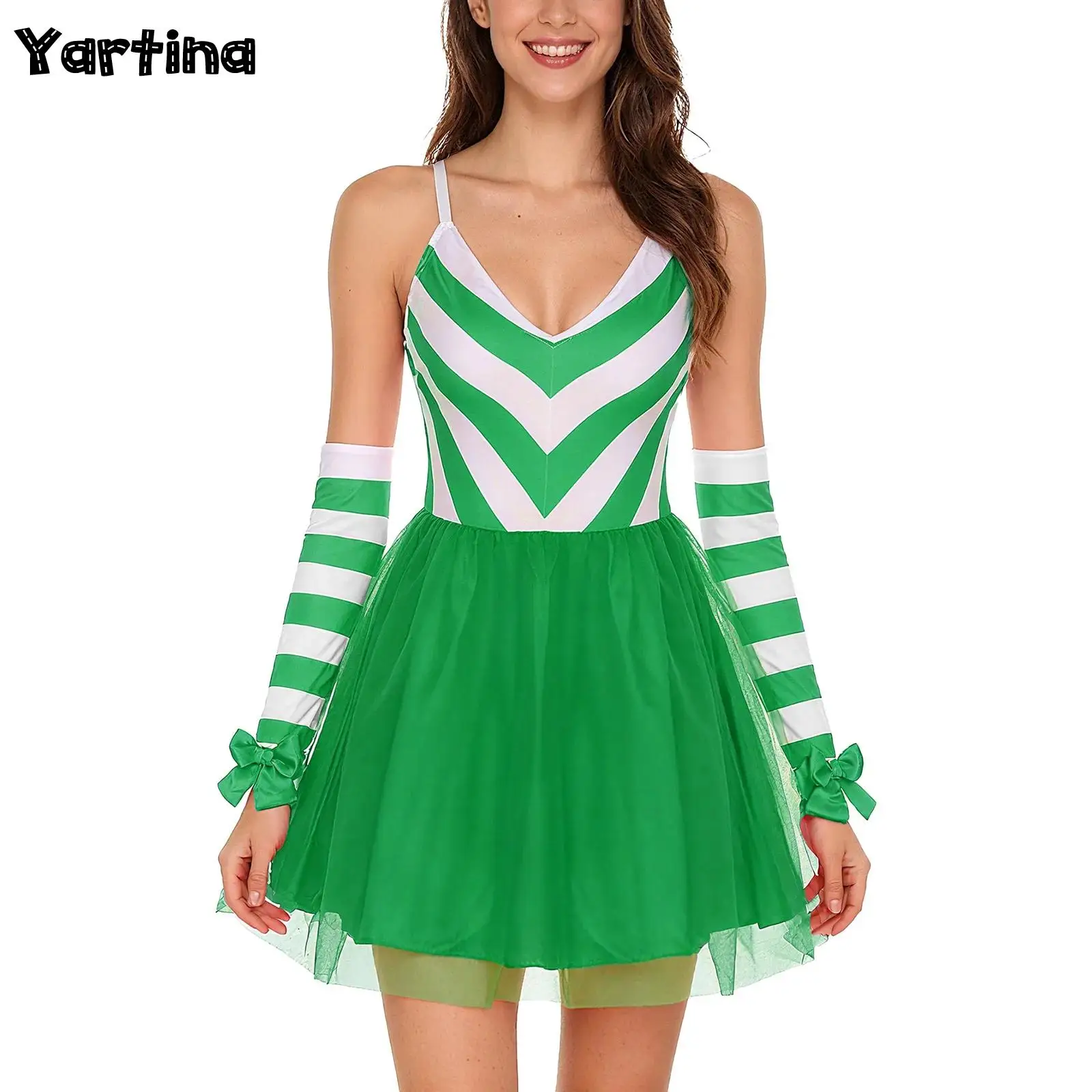 

Womens Christmas Xmas Ballet Skating Dress Candy Cane Santa Claus Cosplay Outfits Bodice Ballet Tulle Dress with Bow Gloves